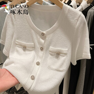 啄木鳥（TUCANO）軟奶藍(lán)色小香風(fēng)短袖上衣女夏季薄款針織開衫法式高級感圓領(lǐng)小外套 白色 S