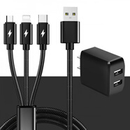 華為（HUAWEI）適用三合一充電器線(xiàn)快充一拖三數(shù)據(jù)線(xiàn)套裝帶插頭雙口usb充電線(xiàn)多 套裝--睿智黑【一拖三數(shù)據(jù)線(xiàn)+雙USB口充電器】 1.2m