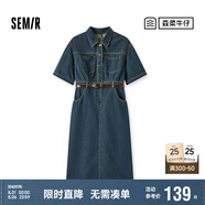 森馬（Semir）[森柔牛仔]牛仔連衣裙女夏工裝風(fēng)收腰港風(fēng)中長裙103324114001