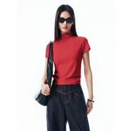 太平鳥(niǎo)女裝T恤半高領(lǐng)修身女短袖收腰法式氣質(zhì)短款上衣 紅色  L 