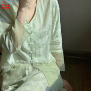 北極絨睡衣女春秋新中式家居服女士套裝九分袖長(cháng)褲漸變色拼接提花可外穿 青澹色 M 【建議體重80-105斤】