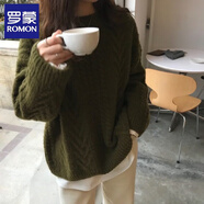 羅蒙（ROMON）長袖針織衫女秋新款慵懶風寬松小眾保暖毛衣女復古加厚套頭上衣 綠色 均碼 (適合80-140斤)