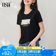 歐莎（OSA）白色短款T恤女士夏季新款衣服短袖印花顯瘦正肩上衣體恤修身 黑色 L