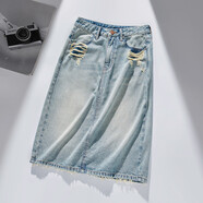 RAIN.CUN破洞高腰牛仔半身裙女春夏季a字半身裙包臀中長(cháng)裙