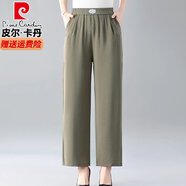 皮爾卡丹（pierre cardin）高檔媽媽夏裝褲子長(cháng)褲闊腿褲新款中老年女裝松緊腰黑色九分休閑褲 咖色 5XL 建議145-160斤穿