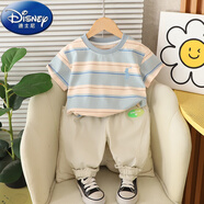 迪士尼（Disney）男童夏裝2025新款短袖兩件套兒童防蚊褲痞帥童裝 淺藍色 寬條短袖兩件套 80 cm 適合65-75身高