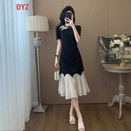 OYZ高級(jí)感法式氣質(zhì)絕美小黑裙女夏季撞色拼接顯瘦荷葉邊魚尾過(guò)膝長(zhǎng)裙 黑色連衣裙 S
