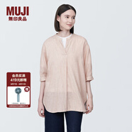 無印良品（MUJI） 女式 木棉混雙層紗織五分袖束腰長上衣內(nèi)搭罩衫襯衫BC2J1C4S 煙熏橙色條紋 S(155/80A)