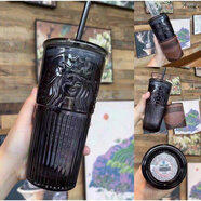 星巴克新款櫻花女神玻璃吸管杯高顏值大容量夏季冷水杯伴手禮生日禮物 黑色女神吸管杯550ml