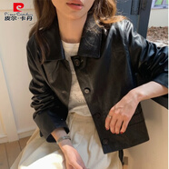 皮爾卡丹（pierre cardin）韓國chic秋法式復古單排扣翻領(lǐng)黑色機車(chē)皮衣外套女短款休閑夾克 黑色 M