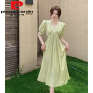 皮爾卡丹（pierre cardin）高端精致連衣裙V領夏季大碼胖mm收腰顯瘦遮肉法式赫本風氣質長裙 果綠色連衣裙【裙子質感感/法式 2XL (140-160斤)