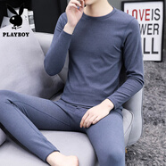 花花公子（PLAYBOY）男士雙面德絨打底衫保暖內(nèi)衣套裝青年內(nèi)穿秋衣無痕加絨圓領(lǐng)T恤男 6607牛仔藍(lán)（圓領(lǐng)） M 165