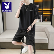 花花公子;PLAYBOY冰絲涼感套裝男夏季時(shí)尚簡(jiǎn)約百搭帥氣短袖短褲2025新款經(jīng)典兩件套 黑色 L 90-110斤