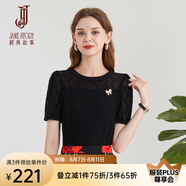經(jīng)典故事（JANE STORY）2025新款氣質(zhì)短袖蕾絲上衣女夏季法式罩衫蕾絲衫圓領(lǐng)泡泡袖T恤 R05黑色 M