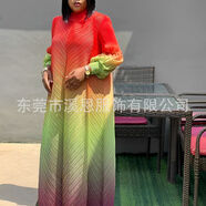 Miyaki三宅褶皺時(shí)裝漸變色圓領(lǐng)泡泡袖長(zhǎng)裙女裝連衣裙Dress跨境 橘色 均碼