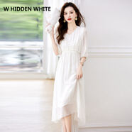 W HIDDEN WHITE法式感時(shí)尚休閑白色真絲桑蠶絲中袖五分袖連衣裙女夏季百搭裙子 白色 M