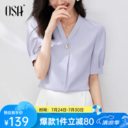 歐莎（OSA）V領短袖雪紡衫女高檔洋氣年輕款上衣遮肚子顯瘦女士夏裝 藍色A XL