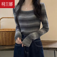 柯蘭娜設(shè)計(jì)感條紋方領(lǐng)短款上衣女長袖t恤女春秋甜辣修身內(nèi)搭打底針織衫 黑色長袖 均碼 適合70-90斤