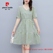 皮爾卡丹（pierre cardin）胖妹妹碎花棉麻連衣裙女夏季新款小個子大碼法式收腰顯瘦V領(lǐng)A字裙 綠色 3XL 【建議150-165斤】
