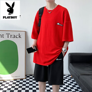 花花公子（PLAYBOY）短袖t恤男孩13青少年冰絲12-15歲初中學(xué)生14大童帥氣夏裝一套裝 TZ8913紅色(短袖+短褲) M (80-100斤左右)