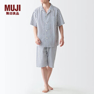 無(wú)印良品（MUJI）男式 無(wú)側(cè)縫泡泡紗短袖睡衣男士家居服套裝男款夏季純棉全棉 深藏青色條紋 L