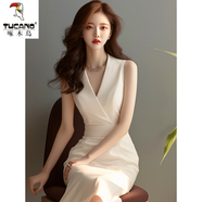 啄木鳥(niǎo)小香風(fēng)白色西|裝連衣裙2025夏季高端女裝一字肩法式無(wú)袖背心長(cháng)裙 白色 S 【建議85-95斤】