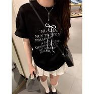 皓娥 高級設計感蝴蝶結字母印花短袖T恤女美式春夏小眾寬松圓領(lǐng)上衣 【黑色】 L