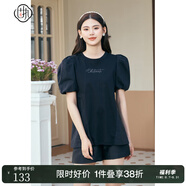 固執(zhí)（OBSTINATE）夏季新款學院風圓領(lǐng)拼接泡泡袖t恤女裝上衣00032TX08216 黑色 M 165/84A