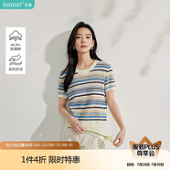 茵曼法式女裝彩虹條針織短袖t恤夏季新潮通勤套頭襯衫上衣 彩虹藍 S