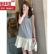 維多利亞的格調(diào)法式格子無(wú)袖連衣裙子女夏2025新款小個(gè)子拼接花邊氣質(zhì)短裙連身裙 格子 S
