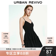 UR2025夏季新款女裝波嬉風(fēng)V領(lǐng)肌理感吊帶連衣裙UYY750019 正黑 S