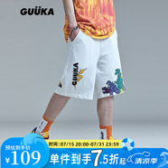 GUUKA潮牌恐龍手繪涂鴉印花休閑短褲男運(yùn)動寬松系帶五分褲百搭卡通中褲 白色 L