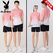 花花公子【冰絲兩件套】跑步運動(dòng)套裝男女同款夏季速干短袖t恤男休閑短褲 丨6811粉色(男女同款) M