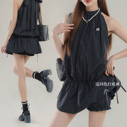 小野七天條紋掛脖連衣裙時(shí)尚套裝裙女夏無(wú)袖襯衫花苞短褲兩件套 條紋掛脖連衣裙套裝 M