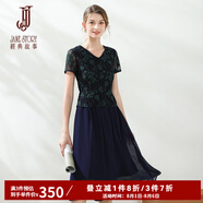 經(jīng)典故事（JANE STORY）經(jīng)典故事2025夏季新款V領(lǐng)拼按蕾絲裙修身通勤顯瘦短袖雪紡連衣裙 深藍(lán)色 M33 L