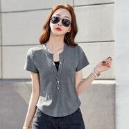 谷卓詩(shī)假兩件拉鏈短袖T恤女2025夏季新款V領(lǐng)修身休閑半袖小衫減齡上衣 灰色 XL