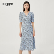 深呼吸DEEP BREATH女裝V領中長高腰泡泡袖收腰碎花連衣裙A500197 藍-花 S (2碼)