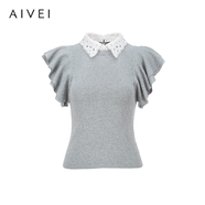 AIVEI欣賀艾薇2025夏季日系甜妹溫柔風(fēng)荷葉袖套頭針織衫 灰色 S