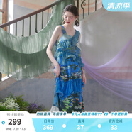 兩三事度假超仙的裙子女夏季紫色油畫藝術(shù)吊帶海邊連衣裙云霧睡蓮 藍(lán)色 S