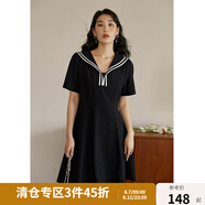 獨(dú)束大碼女裝通勤復(fù)古海軍領(lǐng)學(xué)院風(fēng)連衣裙女夏季微胖mm正肩顯瘦小黑裙 優(yōu)雅黑 L （尺碼：2）