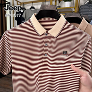 JEEP SPIRIT短袖t恤男條紋翻領(lǐng)打底衫寬松大碼半袖休閑體恤衫 紅條紋 L (建議120-130斤)