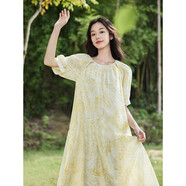 茵曼（INMAN）夏季薄荷曼波花紋印花女裝圓領(lǐng)連衣裙泡泡袖a字中長(cháng)裙子 黃色 M