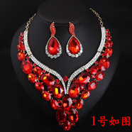 水晶短項(xiàng)鏈套組女歐美夸張紅寶石吊墜耳環(huán)鎖骨鏈新娘禮服配飾 1號