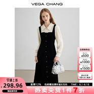 VEGA CHANG絲絨連衣裙女2025年秋冬新款顯瘦氣質(zhì)拼接假兩件長(zhǎng)裙子 黑拼米 S