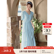 茵曼（INMAN）法式薄荷曼波連衣裙2024夏女裝新品V領(lǐng)燈籠袖抽繩 紺藍色 S