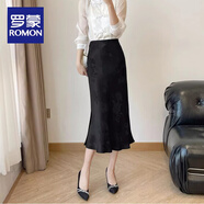 羅蒙（ROMON）新式中國風小個子開叉絲滑緞面魚尾裙女2025春夏醋酸提花半裙女 2089黑色提花半身裙 S