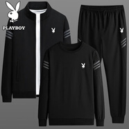 花花公子（PLAYBOY）衛衣男長(cháng)袖男套裝外套休閑春秋冬季秋衣三件套春秋套裝男裝舒適 黑色（立領(lǐng)三件套） XL （110斤-130斤）