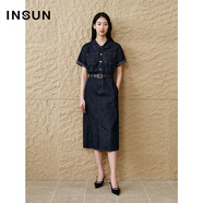 INSUN恩裳專(zhuān)選夏季棉麻休閑高腰牛仔連衣裙 深藍 M