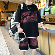 花花公子（PLAYBOY）國潮印花短袖t恤男套裝夏季冰絲涼感半袖男新中式國風(fēng)休閑兩件套T T12黑色套裝 XL 180 (約140~160斤可穿)