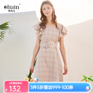 Olrain歐芮兒女裝格子連衣裙中長款西裝領(lǐng)雪紡女法式復(fù)古裙赫本風(fēng)桔梗裙 粉格 9XLB15819 S 155/80A